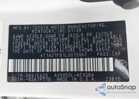 2020 Toyota Avalon Hybrid Xle from USA, damaged, VIN 4T1A21FB1LU015967